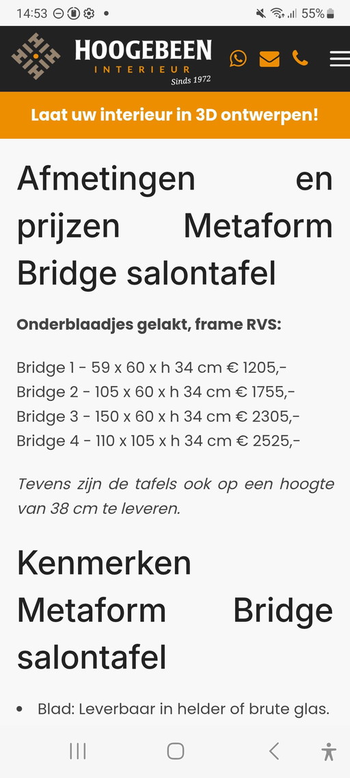 Metaform glass coffee table, type Bridge 4 dimensions 110 cm x 105 cm x 34 cm