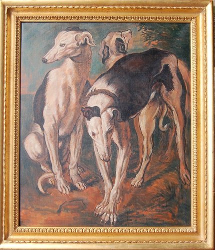Three Greyhounds in the Style of J. Snyders, 2010 – schilderijen tekeningen, Wood, Canvas