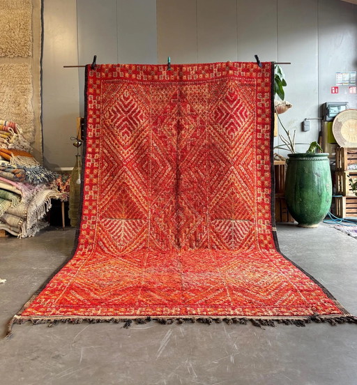 Vintage Red Moroccan Berber Rug 210x370 cm – Handwoven Boujad Carpet | Bohemian Tribal Area Rug | Moroccan Boujad Wool Rug
