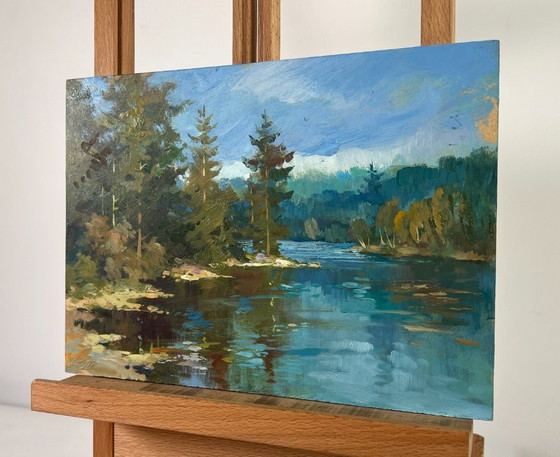 Image 1 of Peinture à l'huile originale Paysage d'été au bord d'une rivière Eaux silencieuses de la forêt