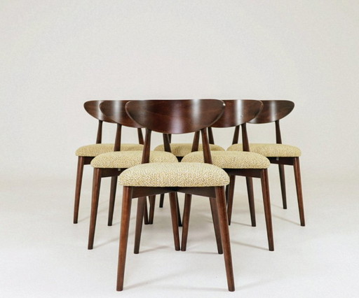 6er Set Esszimmerstühle, helles Buchenholz, grün gemusterter Stoff, modernes Design
