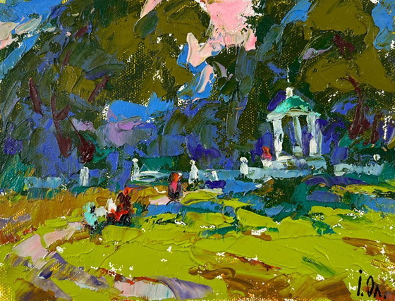 Image 1 of Origineel olieverfschilderij: Zomers boslandschap, een wandeling in het park.