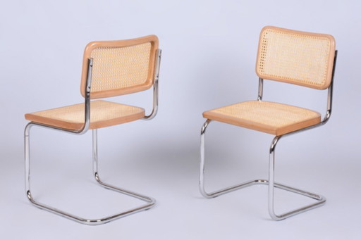 Paire de chaises Cesca Bauhaus restaurées, par M. Breuer, chrome, hêtre, Italie, années 1980