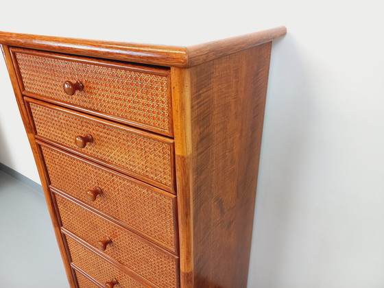 Image 1 of Commode Chiffonnier Semainier Vintage en Rotin, Bois et Cannage des Années 70