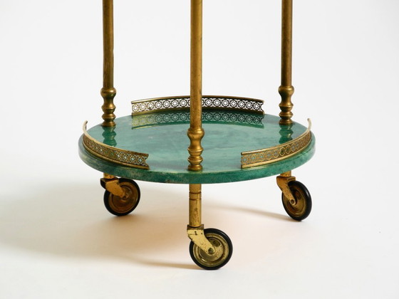 Image 1 of Round, small 1960s Aldo Tura serving or bar trolley in green goatskin leather | Made in Italy