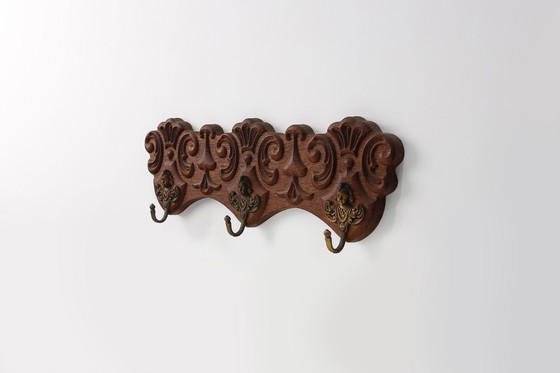 Image 1 of Antique Carved oak Wall mount coat rack with 3 brass angel hooks, France 1900s