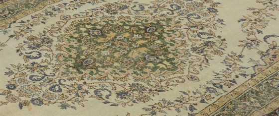 Vintage Turks tapijt 300x186 cm – Groot handgeknoopt wollen tapijt met zacht crèmekleurig en groen (photo 8 of 12)