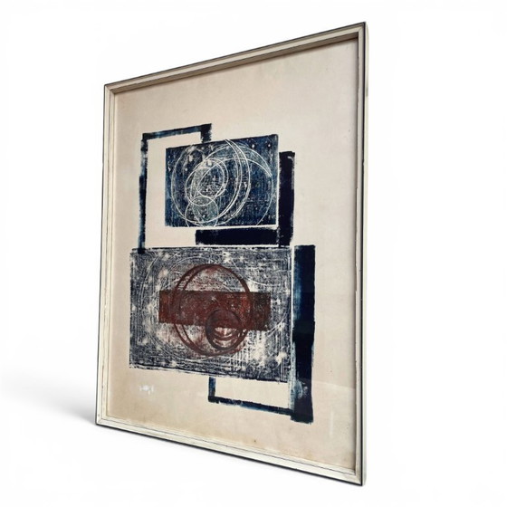 Image 1 of Abstrakter Druck in Burgunderrot und Blau, Mid-Century Modern, signiert