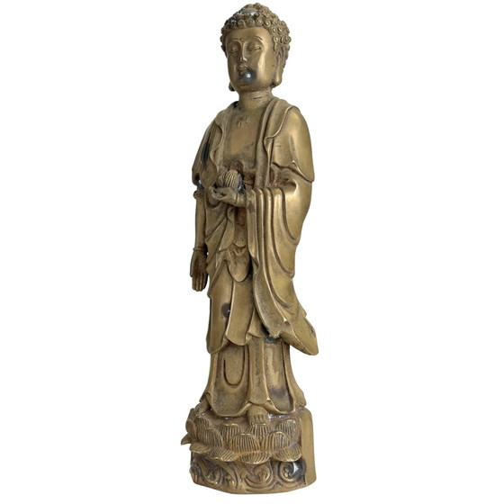 Antiker Bronze Amitabha Buddha mit Lotusknospe und Qing-Markierung auf der Unterseite. – Bildhauerei (photo 8 of 10)