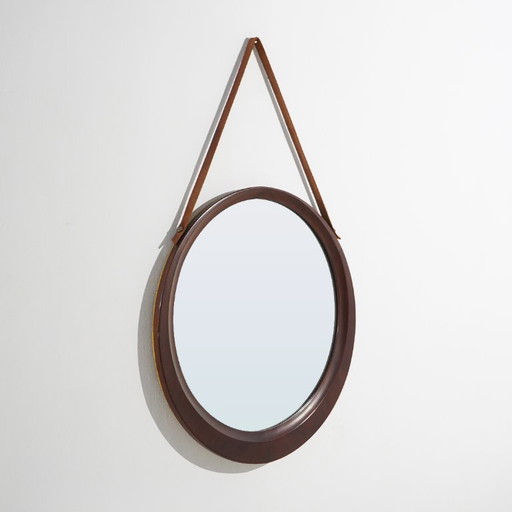 Ronde wandspiegel met leren band, jaren 60 – Glass, Leather