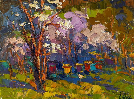 Image 1 of Original Oil Painting Summer Forest Landscape Sunny day at the apiary