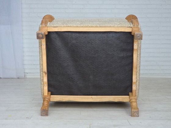 Image 1 of Deense fauteuil met hoge rugleuning uit de jaren 70, bekleed met meubelwol en gemaakt van massief eikenhout.