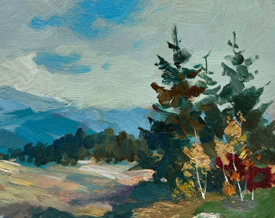 Image 1 of Original Oil Painting Summer Mountains Landscape There is a waterfall in the mountains