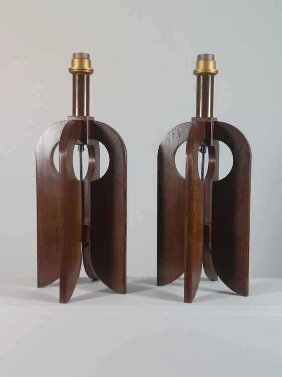 Image 1 of Rare vintage pair of wooden Temde table lamps