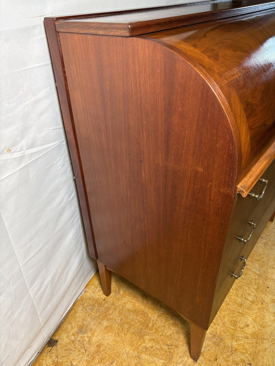Image 1 of Mid-Century Swedish Teak (or Walnut) Roll-Top Bureau by Egon Østergaard for AB Bröderna Gustafssons 1960  Bring a timeless Scand