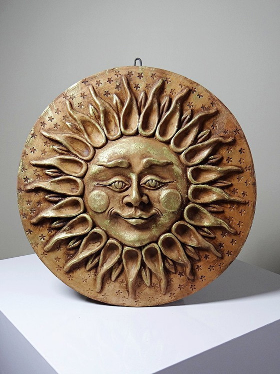 Image 1 of Grande scultura murale antropomorfa a forma di sole in terracotta patinata, artigianato italiano vintage