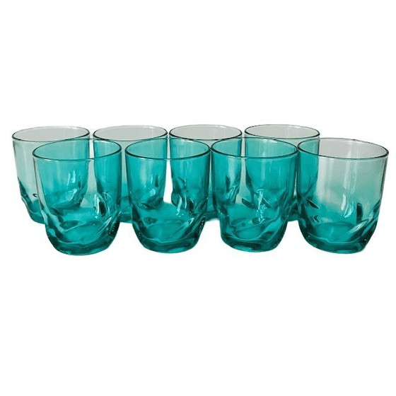 Image 1 of Vintage set of 8 twisted glasses turquoise blue Luminarc Arcoroc 1970s