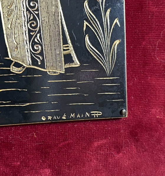 Vintage Hand Engraved Painting A. Darcis / Mid-Century Engraved Art Panel – Wall decoration, Metal, Velvet (photo 3 of 5)