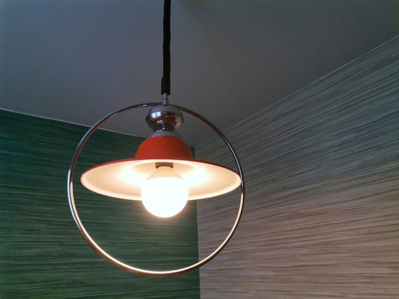 Image 1 of Lampe suspendue à tirette orange brillant, Mid Century, années 1960