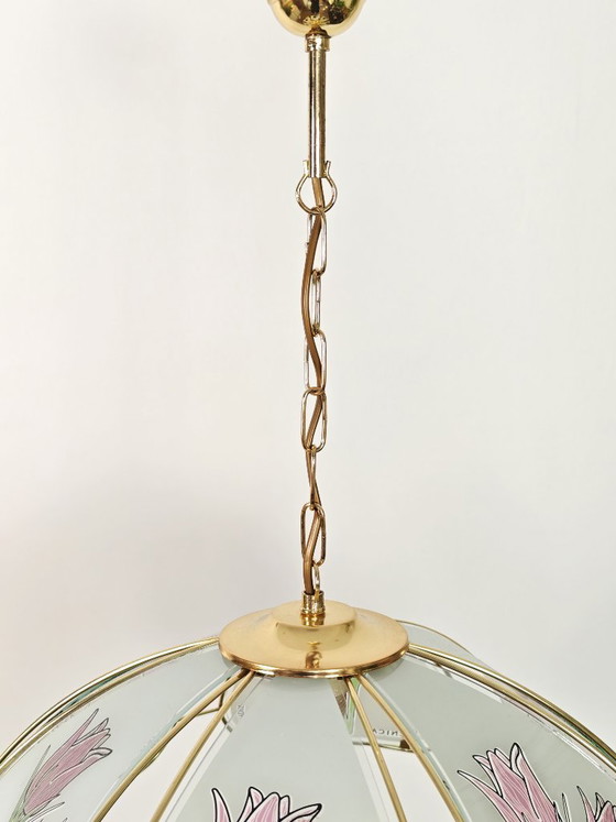 Image 1 of Vintage hanglamp met bloemblaadjes / Retro botanische messing plafondkroonluchter / Glazen tulp hanglamp uit de jaren 80