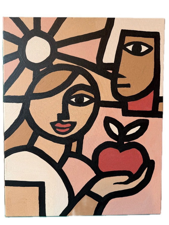 Image 1 of Femme contemporaine avec pomme, dessin au trait original d'Alexandre.