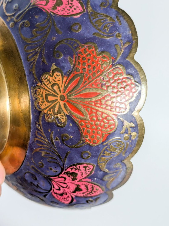 Vintage Brass Peacock Bowl, India Painted Enamel, Scalloped Footed Dish (photo 11 of 14)