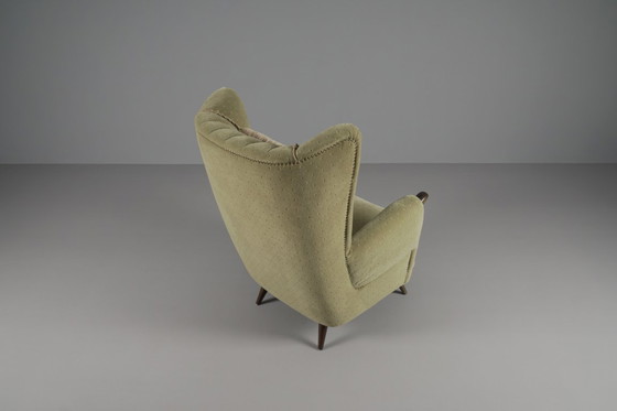 Image 1 of Large Green Italian Wood & Fabric Wingback Armchair, 1950s