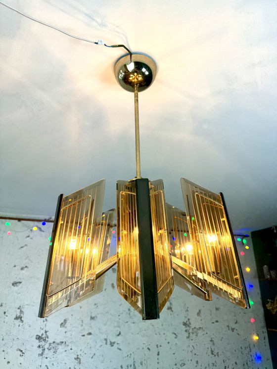 Image 1 of Massive Vintage Design Brass Chandelier With Etched Glass