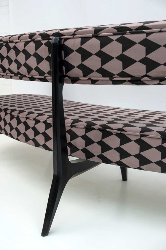 Curved Bench with Black and Beige Geometric Pattern, Kagan, Benches, Textile, Velvet, Mid Century Modern (photo 9 of 12)