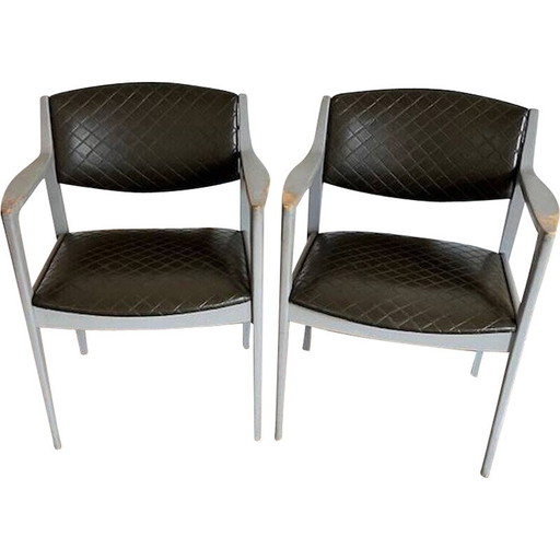 Paar vintage grijze fauteuils van imitatieleer