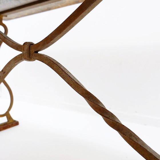 Image 1 of Mesa de centro de hierro forjado y mármol al estilo de Gilbert Poillerat