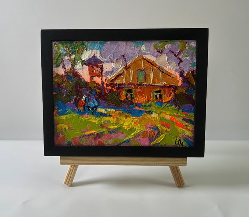Original Oil Painting Summer Village Landscape Sunset Behind The Clouds