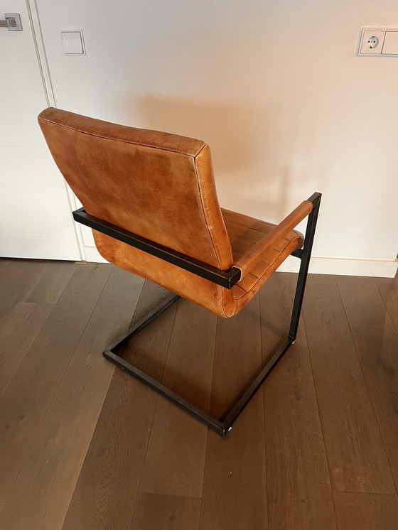 Image 1 of Ensemble de salle à manger en cuir de style industriel – 3 chaises + banc (cognac)