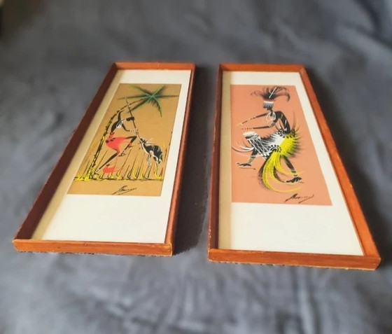 Image 1 of set of 2 gouache pieces Congo 1950 African art Hunting and Dance