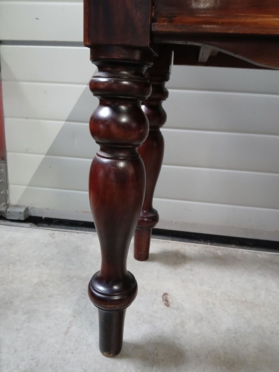 Antique style console table / hall table with brass ring fittings., Wood, Brown (photo 7 of 10)