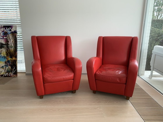 Poltrona Frau Metropolis, paire de fauteuils en cuir rouge, Bois, Classicisme (photo 4 sur 5)