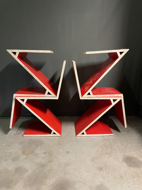 Set di 4 sedie zig zag fatte da falegname anni '80, Sedie da camera, Legno, Rosso, Modern (foto 4 di 6)