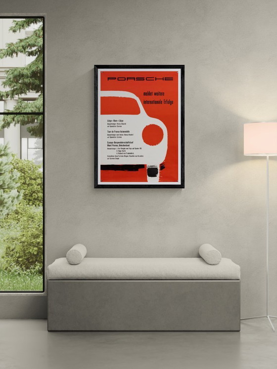 Image 1 of Porsche meldet weitere internationale Erfolge 1957 – Original Vintage Porsche Poster by Strenger – Mid-Century Modern – 85x59 cm