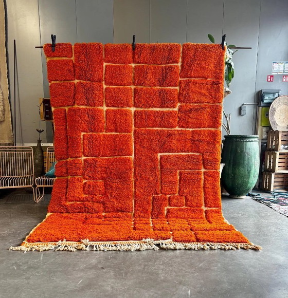 Image 1 of Handmade Moroccan Mrirt Rug – Burnt Orange Wool Rug 200x300 cm – Modern Textured Carpet – Bold Abstract Design – Large Living Ro