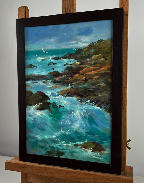 Image 1 of Original Oil Painting Coastal Rock Landscape Sailboats in the distance sea