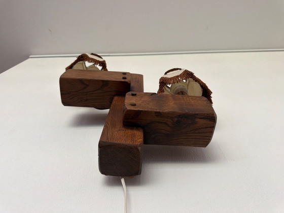 Image 1 of Unique Vintage Solid Oak Wall Lamp with Fringed Shades – 1960s/1970s