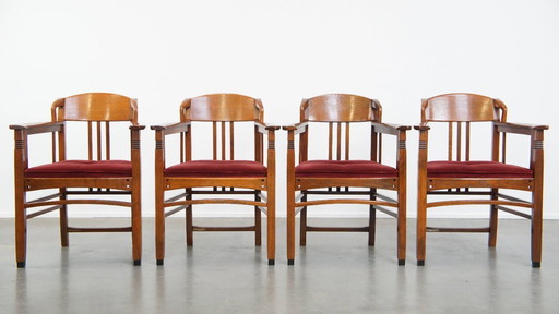 4 x sedia da pranzo Schuitema dal design Art Nouveau/Jugendstil con lussuoso rivestimento in tessuto rosso
