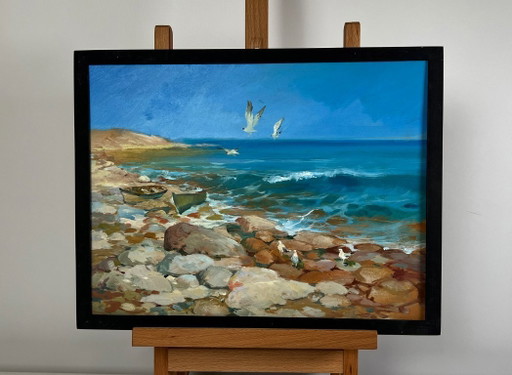 Pintura al óleo original Paisaje costero marino Sonidos de pájaros y olas del mar