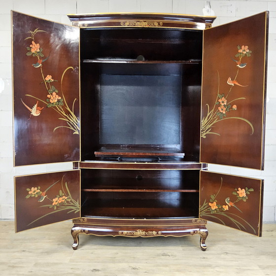 Image 1 of Vintage Chinese cabinet gold leaf flowers and peacocks and birds / oriental cabinet / bohemian cabinet / Asian cabinet