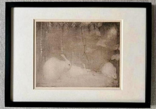 Jan Mankes 1889-1920 / Héliogravure originale Lapins dans une forêt d'automne 1923