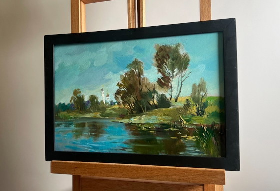 Image 1 of Original Oil Painting Summer Coastal Landscape There is a lake behind the village