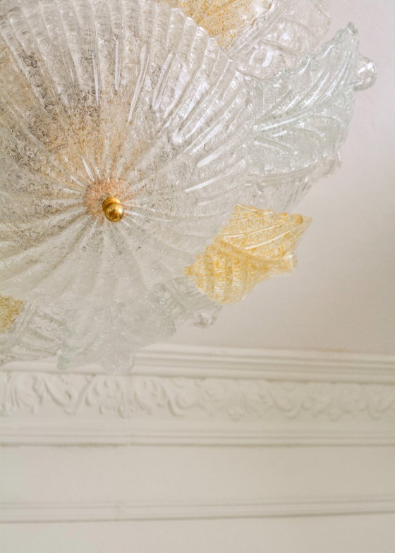 Image 1 of Grand lustre en verre de Murano en forme de feuille, plafonnier vintage italien, verre ambré transparent, luminaires de Murano d