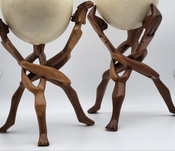 Image 1 of Genuine Ostrich Eggs, Vintage, Exotic Wood Stands