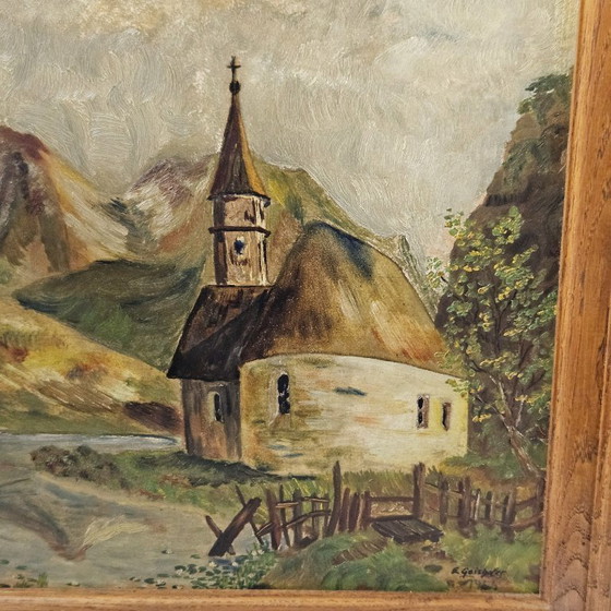 Image 1 of Vintage Oil Painting on Wooden Board | Found in the Attic | Signed by E. Geishofer | Old Church by the Lake | Oak Wood Frame 