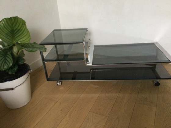 Image 1 of Salontafel / Laag kastje, Italiaans design in gerookt glas en staal